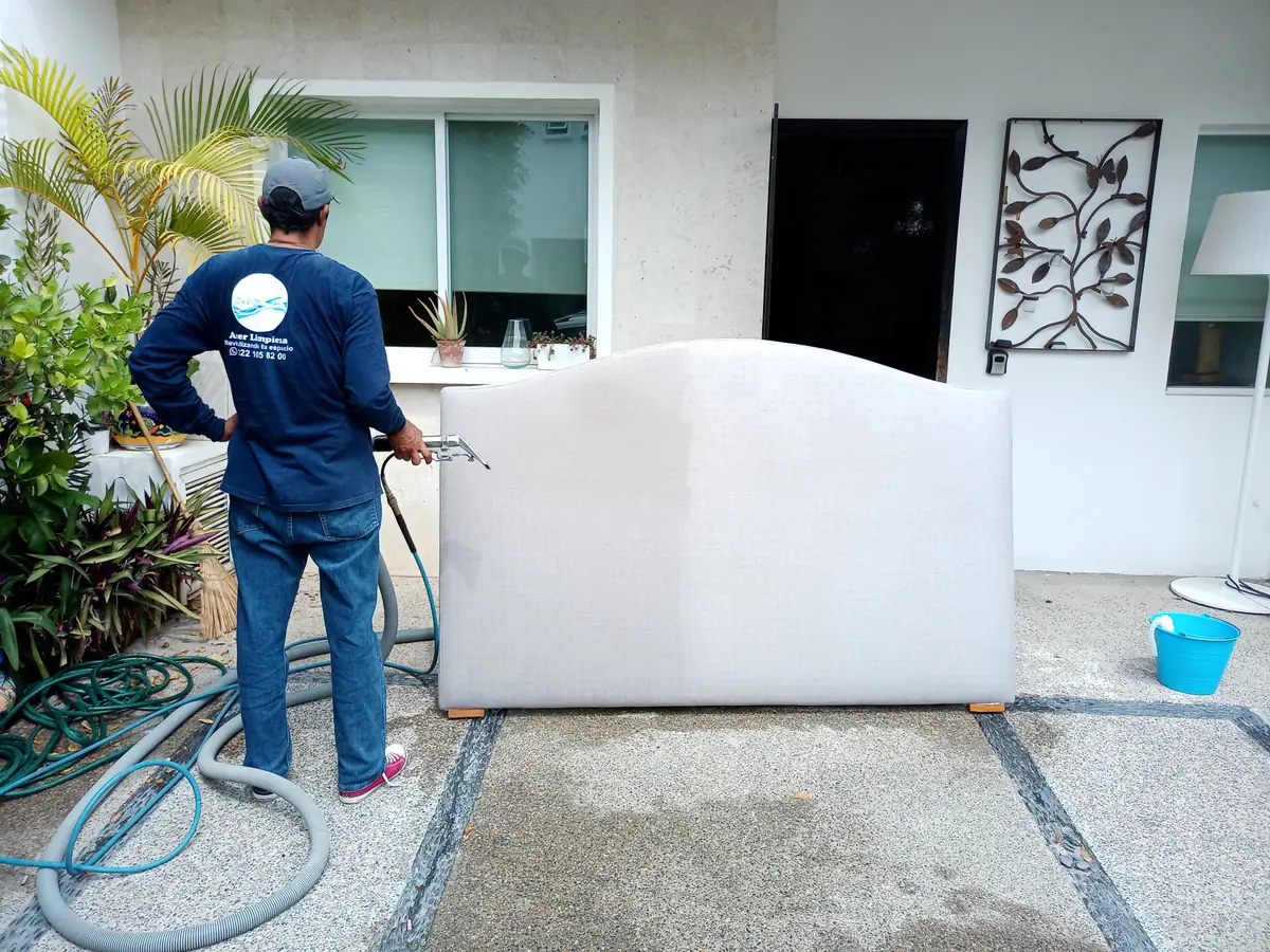 Proceso de limpieza de un respaldo tapizado